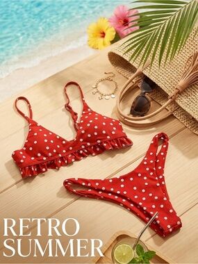 SHEIN Coral and white Polka Dot Ruffle Bikini Set